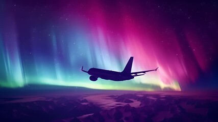 A vivid depiction of the aurora borealis, a phenomenon that lights up the night sky. The plane is depicted in a stylized manner, with its wings spread wide.