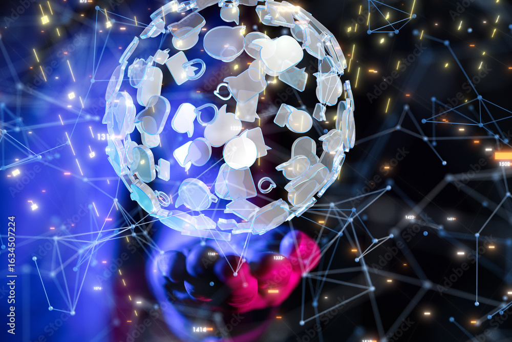Poster global network. blockchain. 3d illustration. neural networks and artificial intelligence. abstract