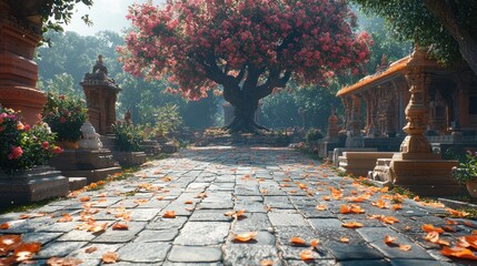 Serene temple path, vibrant blossoms