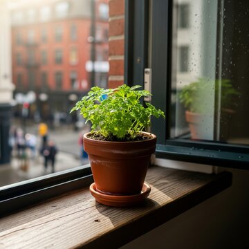 A small green plant grows in a pot and is placed next to the window
