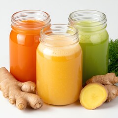Freshly Squeezed Juice  detox  nutrition Three colorful jars of fresh juices with ginger roots on a white background. Isolated on white background