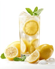 Freshly Squeezed Juice  detox  nutrition Refreshing lemonade with lemon slices and mint, served over ice. Isolated on white background