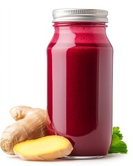 Freshly Squeezed Juice  detox  nutrition Fresh beetroot juice in a jar, accompanied by ginger and parsley for a healthy beverage option. Isolated on white background