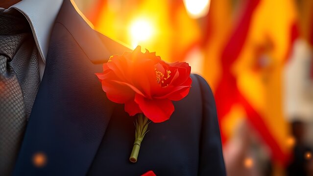 A red carnation pinned on a navy blue jacket, golden sunlight filtering through festive flags and confetti.