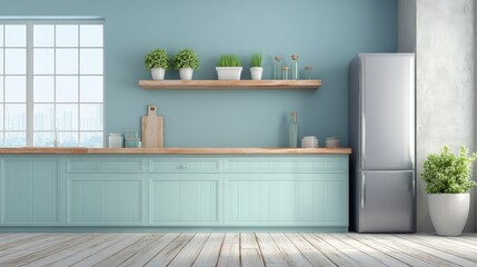 A modern kitchen featuring mint-colored cabinets, wooden shelves with plants, and stainless steel appliances against a light blue wall.