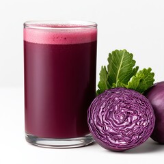 Freshly Squeezed Juice  detox  nutrition Purple cabbage juice in a clear glass, with fresh cabbage leaves nearby. Isolated on white background