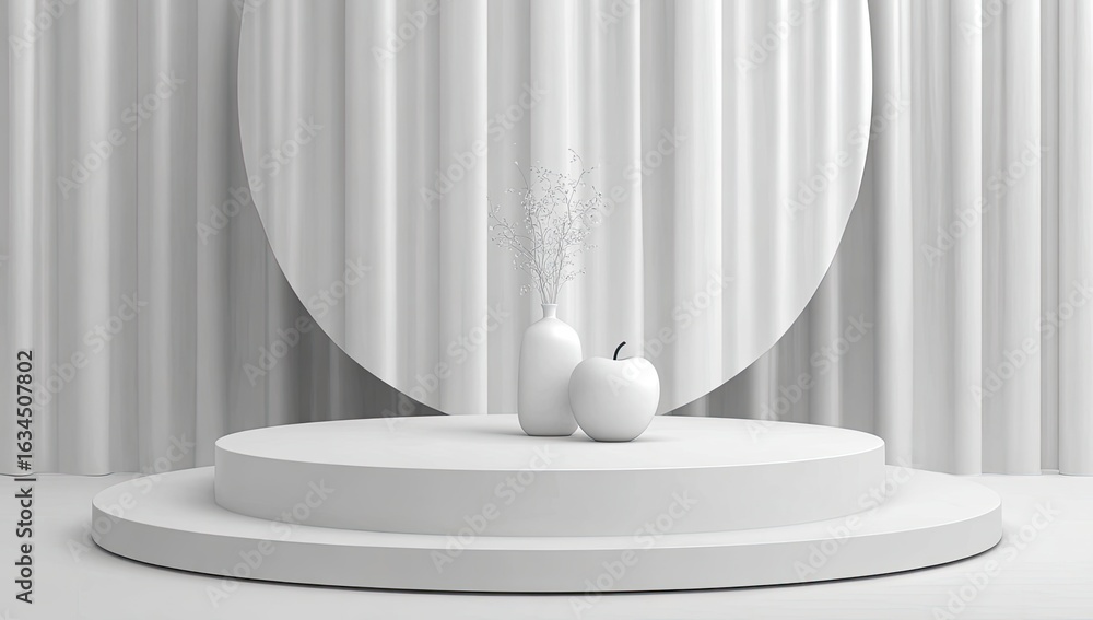 Poster minimalist 3d render of a white apple and vase on a circular, two-tiered platform against a draped w