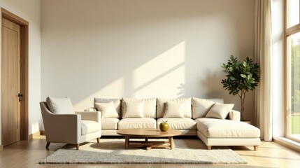Fototapeta premium Serene Living Room Interior Design with Neutral Tones and Sunlight Streaming Through a Window, Featuring a Comfortable Sectional Sofa and Armchair