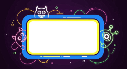 Neon-lit frame with whimsical cartoon monster illustrations perfect for graphic designs