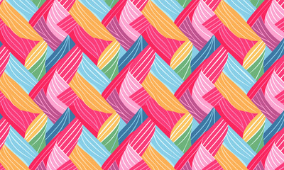 Hand-drawn seamless pattern with colorful abstract feathers and waves, Playful doodle vector background