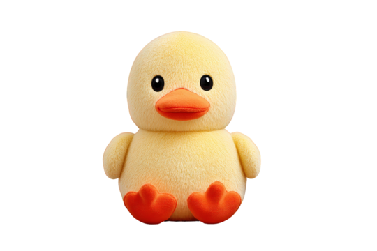 Cute Plush Yellow Duck Toy with Orange Beak and Feet on Transparent Background