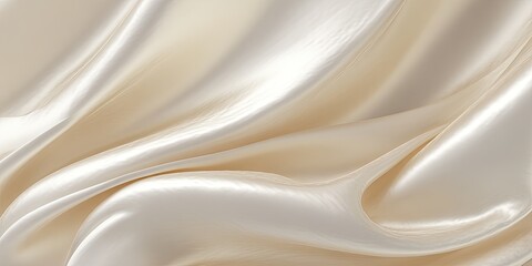 Obraz premium Creamy off-white satin fabric draped in soft, flowing folds, showcasing its luxurious sheen and texture