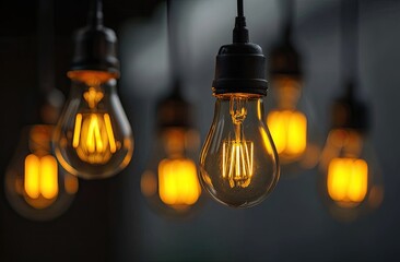 Warm-toned, filament light bulbs hang, softly illuminated against a dark backdrop; some in focus, others blurred, creating a bokeh effect