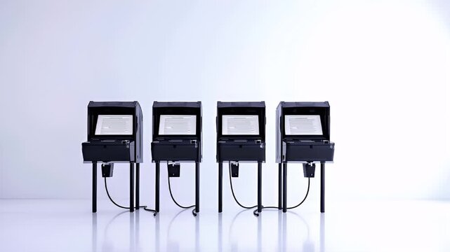 Vote season. A series of electronic voting machines aligned in a row against a gradient background transitioning from white to light blue. The machines are black with silver accents.