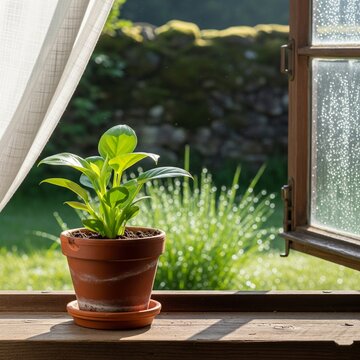 A small green plant grows in a pot and is placed next to the window