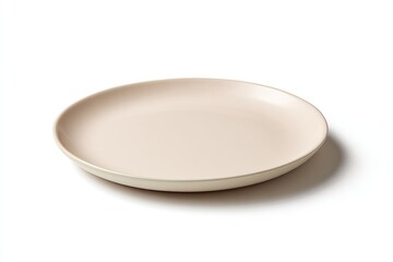 A pale beige, round dinner plate with a subtly curved rim and a slightly darker base, shown on a white background casting a soft shadow