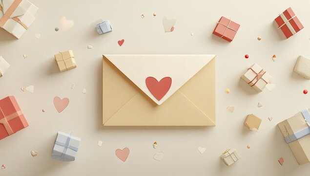 A beige envelope with a red heart sits centrally amongst scattered small gifts and confetti hearts on a light background