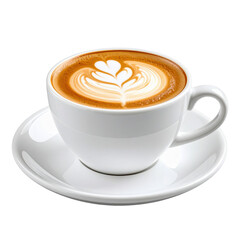 A beautifully crafted coffee cup with latte art showcasing a heart design, resting on a white saucer.