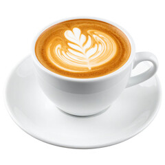 A beautifully crafted cup of coffee with intricate latte art on top, showcasing a delicate leaf design.