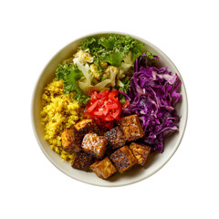 Delicious and Colorful Tofu Bowl with Turmeric Rice, Roasted Vegetables, and Red Cabbage