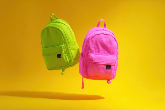 Two vibrant green and neon pink backpacks floating in the air isolated on a yellow background. Colorful school bags are suspending mid-air. Dynamic movement composition. product presentation, playtime