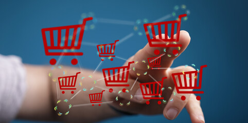 Hand interacts with digital shopping carts, representing online retail and global e-commerce.