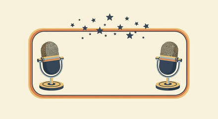 Retro podcast frame with microphone illustrations and star accents for content creators