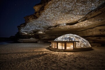Illuminated dome-shaped structure nestled on a beach at night, under a starry sky, sheltered by a rocky overhang