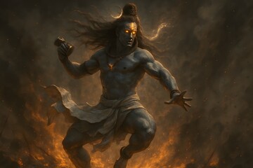Fototapeta premium Powerful Lord Shiva in a Dynamic Pose, Surrounded by Flames and Destruction.