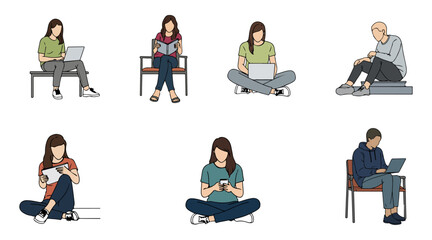 Architectural Drawings student sitting color vector illustration, front view, human person Minimal style hand drawn.