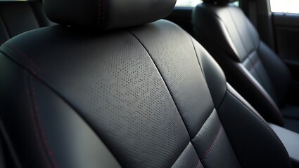 Close up of black leather car seats with perforated design and red stitching detail visible