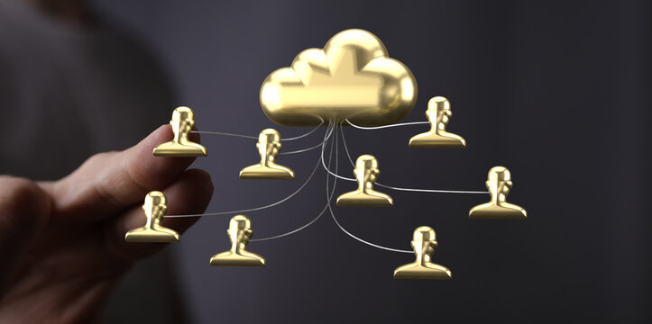 Golden cloud and user icons illustrate secure data sharing, teamwork, and cloud technology.