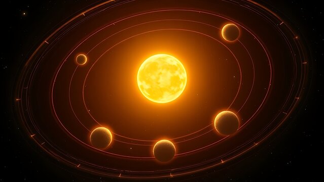 Star surrounded by five glowing planetary orbits highlighting habitable zones.