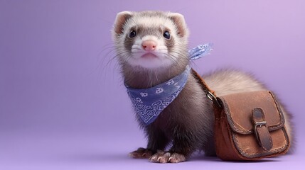 Playful ferret with a bandana and a small bag.