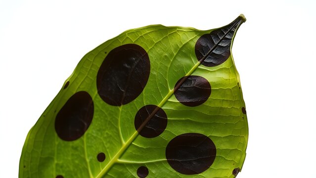 Abstract view of a wilting green leaf with dark spots against a sterile white background.