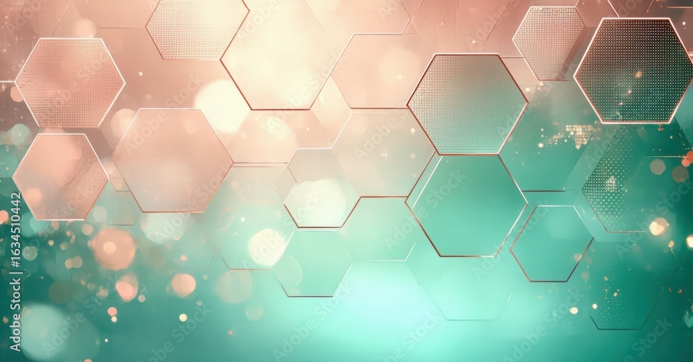 Poster abstract background features hexagonal patterns, soft gradients, glowing particles. peach, teal colo