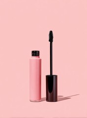 Obraz premium Pink tube of mascara with black wand, set against a pale pink background, casting a subtle shadow