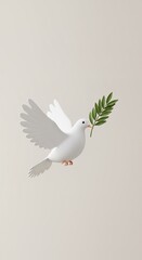 Fototapeta premium Graceful white dove carrying vibrant green olive branch, symbol of hope and peace in flight