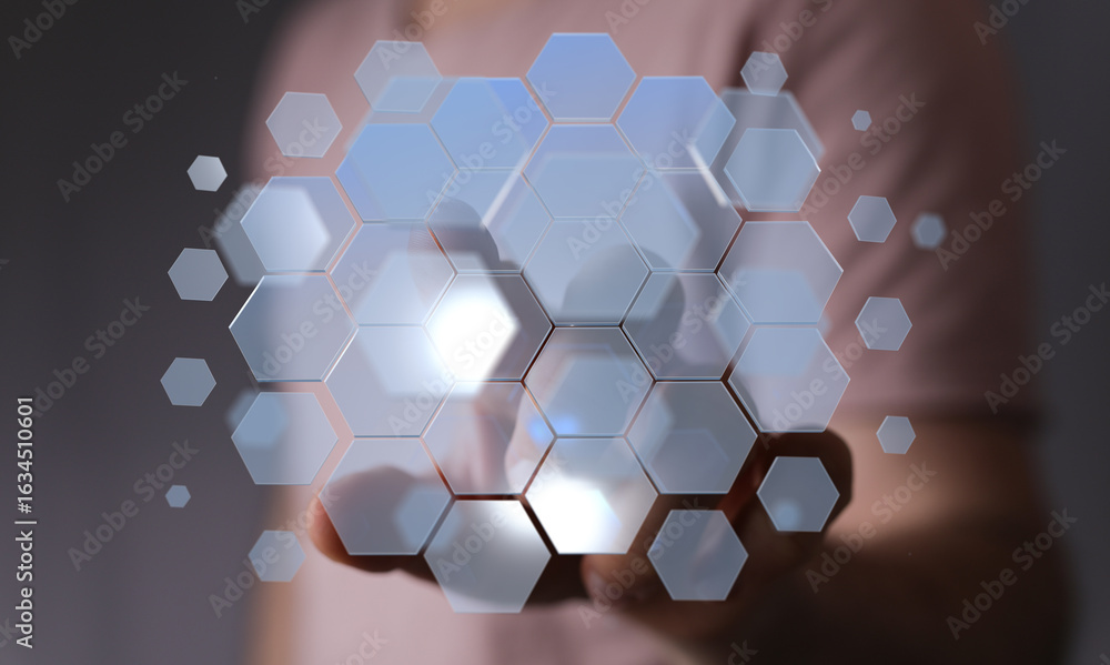 Poster abstract image of a hand interacting with a digital hexagon network. modern technology concept.