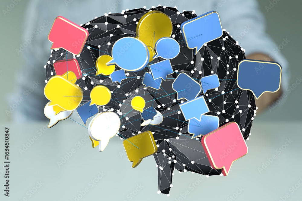 Poster abstract image of a brain with colorful speech bubbles, representing communication, ideas, and netwo