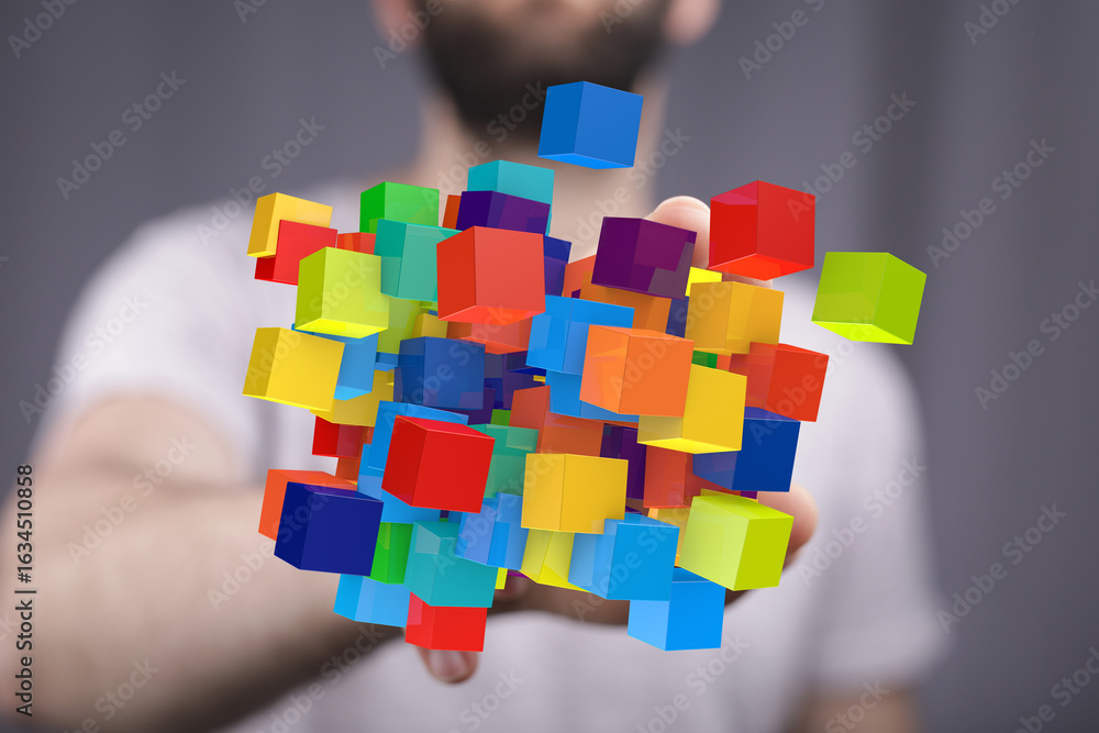 Poster abstract image of colorful cubes symbolizing data, technology, and creativity.