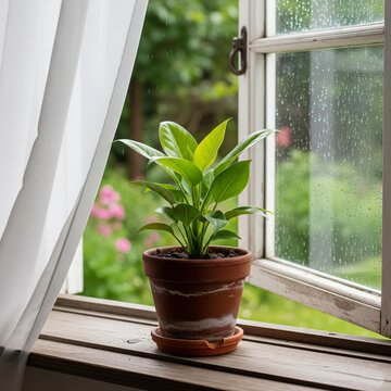 A small green plant grows in a pot and is placed next to the window