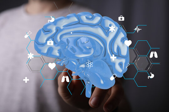 3D brain model with medical icons.  Concept for neurology, AI, health.