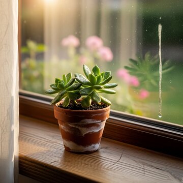 A small green plant grows in a pot and is placed next to the window