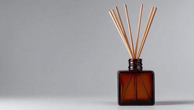 Amber glass square bottle diffuser with light brown reed sticks on a light grey background