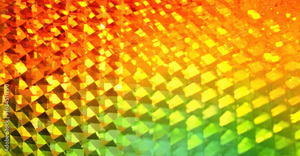 Poster bright mosaic pattern transitions from red, orange, yellow to green. geometric shapes create vibrant
