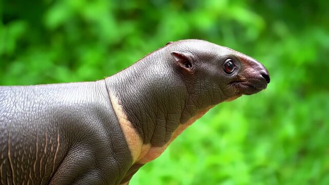 Adorable baby tapir with unique striped markings in a vibrant green jungle environment, a close-up profile shot.