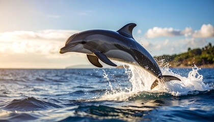 Fototapeta premium A majestic dolphin joyfully leaps from the ocean, splashing in the golden light of sunrise, embodying freedom and the spirit of the wild.