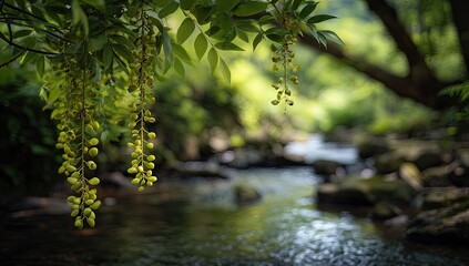 Gentle cascade, vibrant yellow blossoms droop from branches above a shallow stream