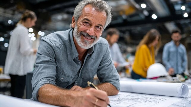 Experienced male engineer presenting innovative design to collaborative team in modern workspace